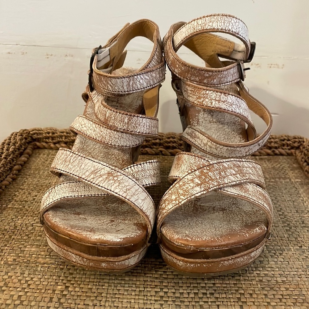 Bed Stu Metallic Rose Gold Strappy Wedge Sandals